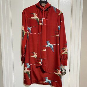 Elegant Red Bird Print Dress